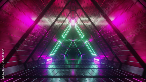 Fototapeta Naklejka Na Ścianę i Meble -  Abstract endless flight in a futuristic geometric metal corridor made of triangles. Modern red neon lighting. 3d illustration