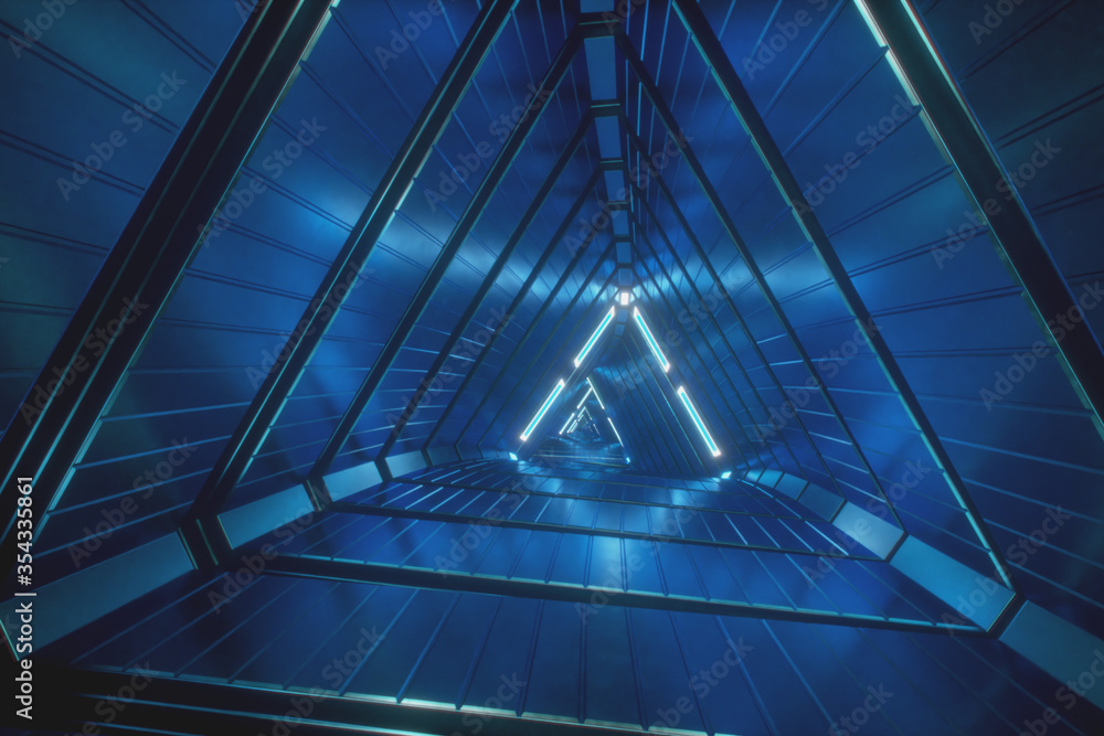 Flying through glowing neon triangles creating a tunnel, modern colorful lighting, 3d illustration Flying through glowing neon triangles creating a tunnel, modern colorful lighting, 3d illustration