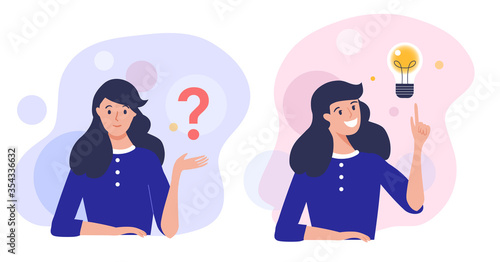 Woman thinking  - trying to find a solution with question mark and happy with light bulb creative idea. Concept vector illustration