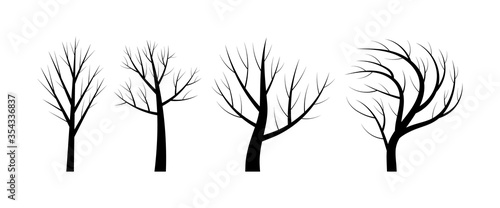 Naked trees silouettes. Black objects on white background. Vector illustration.