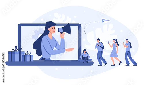 Referral program concept. Woman advertising a program.