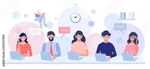 Call center and Support service and concept illustration. Office workers using headphones for talking with customers. Perfect for web design, banner, mobile app, landing page, vector flat design