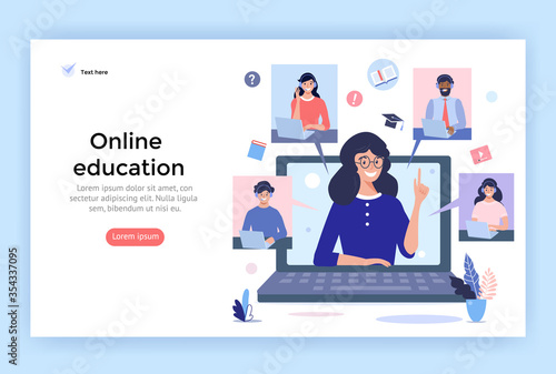 Online education concept illustration. Smiling people using headphones for a video call. Perfect for web design, banner, mobile app, landing page, vector flat design.