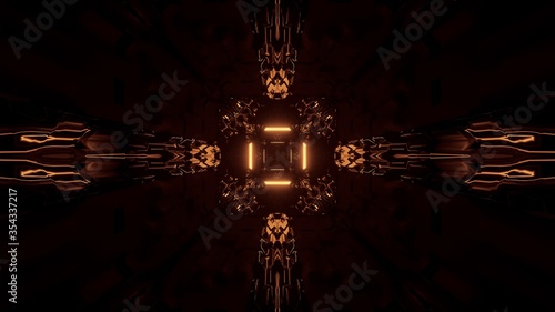 Graphic illustration of 3D rendered futuristic golden patterns in the dark