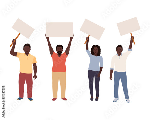 black people hold blank posters in their hands, activists. vector illustration