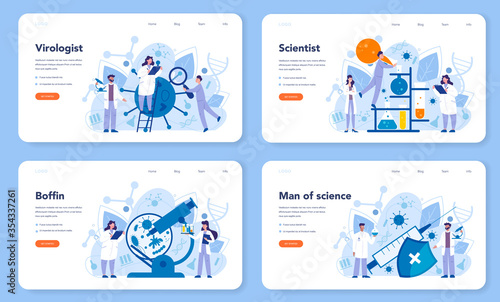 Virologist web banner or landing page set. Scientist studies viruses