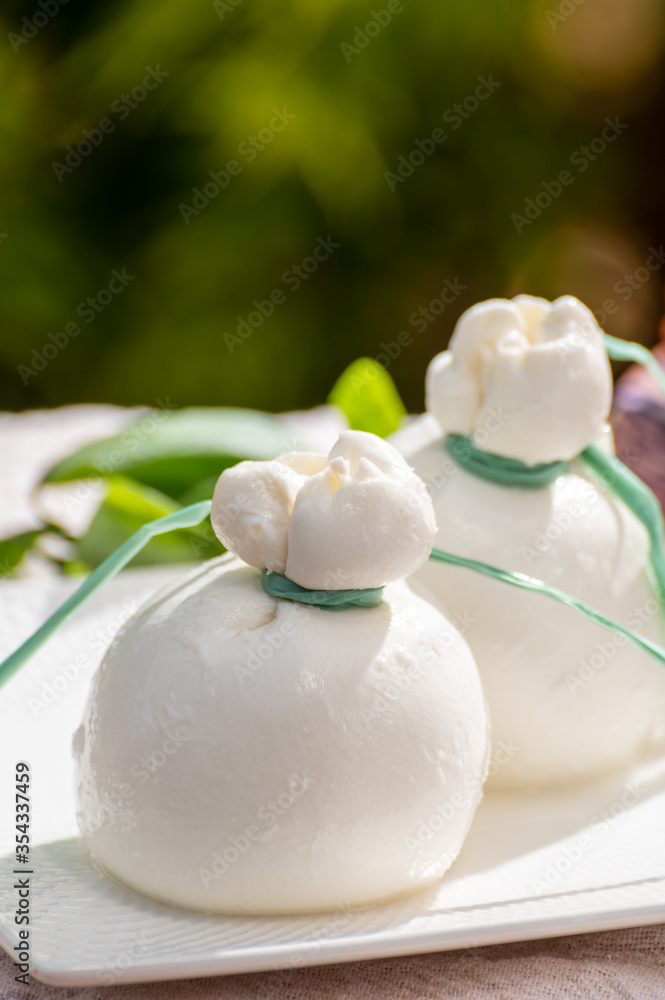Fresh italian soft cheese burrata or burratina served on outdoor terrace in sunny day