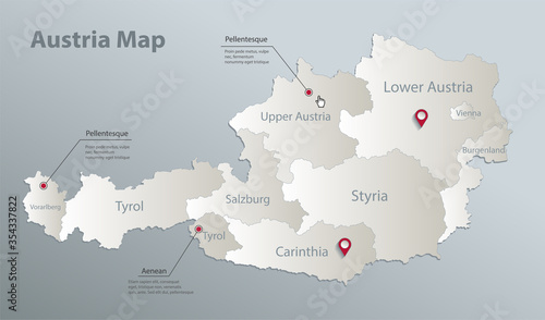 Austria map, administrative division with names, blue white card paper 3D vector