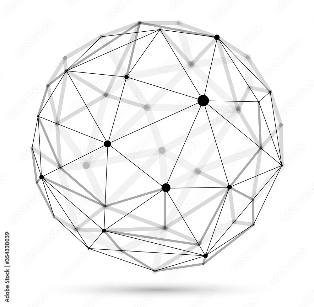 Abstract 3D mesh sphere vector illustration, dots connected with lines technology polygonal object isolated on white background, dynamic lattice with realistic depth of field effect. Abstract 3D mesh sphere vector illustration, dots connected with lines technology polygonal object isolated on white background, dynamic lattice with realistic depth of field effect.