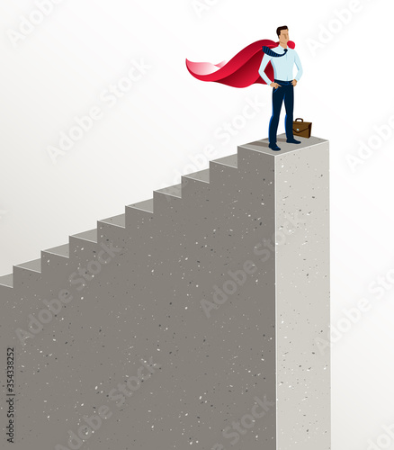 Businessman standing on top stairs vector illustration, success and career progress concept, leadership ambitions, gorgeous handsome business man.