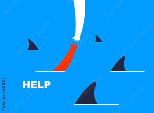 Help and empathy concept two hands helping one another to get out from sea full of sharks vector simple minimal illustration, care give aid, friendship understanding, support.