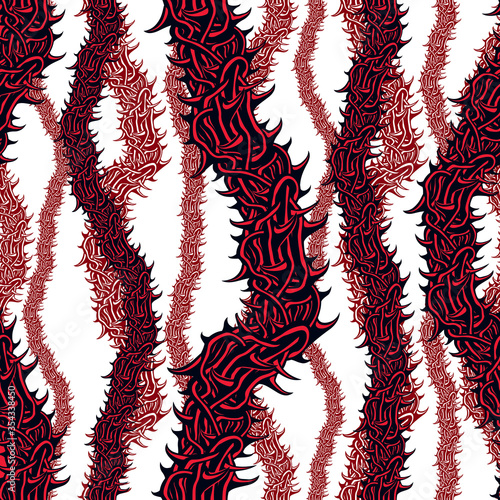 Horror art style seamless pattern, vector background. Blackthorn branches with thorns stylish endless illustration. Hard Rock and Heavy Metal subculture music textile fashion stylish design.