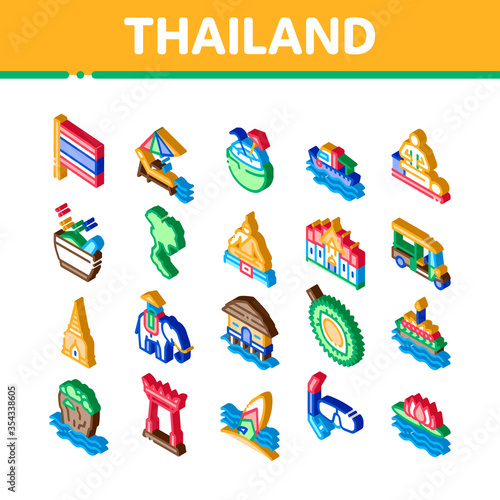 Thailand National Icons Set Vector. Isometric Thailand On Geography Map And Flag, Bungalow And Building, Elephant And Tuktuk Illustrations