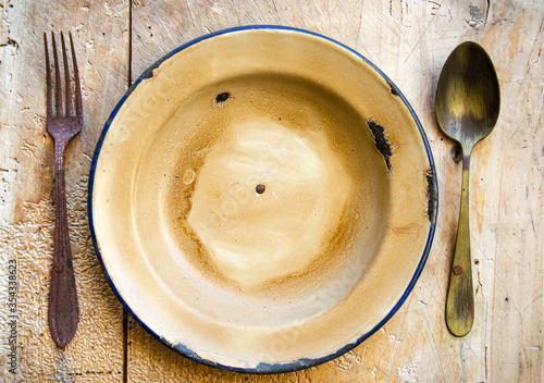 Old dish with fork and spoon
