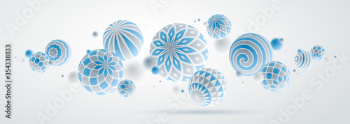 Abstract spheres vector background, composition of flying balls decorated with patterns, 3D mixed variety realistic globes with ornaments, realistic depth of field effect.