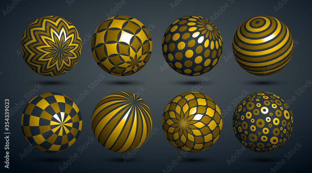 Abstract golden spheres vector set, collection of balls decorated with patterns, 3D mixed variety realistic globes with ornaments collection. Abstract golden spheres vector set, collection of balls decorated with patterns, 3D mixed variety realistic globes with ornaments collection.