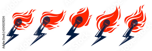 Rap music vector logos or emblems set with microphone in a shape of lightning bolt, Hip Hop rhymes festival concert or night club party label, t-shirt print.
