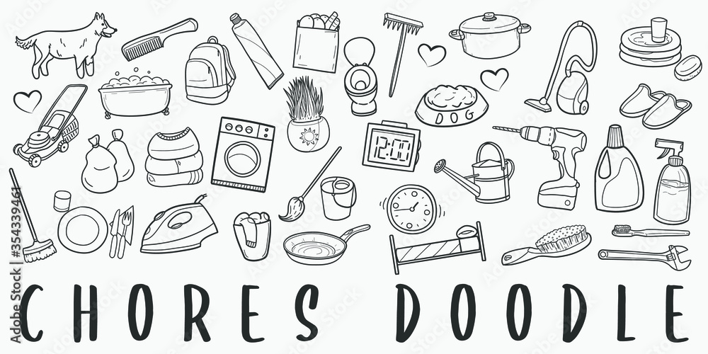 Home Chores Doodle Line Art Illustration. Hand Drawn Vector Clip Art. Banner Set Logos. Home Chores Doodle Line Art Illustration. Hand Drawn Vector Clip Art. Banner Set Logos.