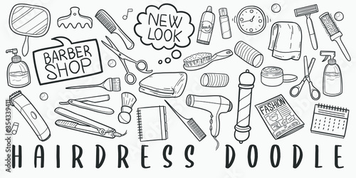 Hair Dress Saloon Doodle Line Art Illustration. Hand Drawn Vector Clip Art. Banner Set Logos.