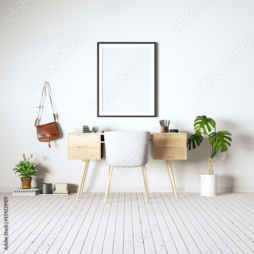 Realistic Interior Render with Wooden Floors, Modern Desk, Decorations and Frame Mockups photo