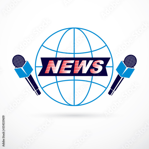 Social telecommunication theme vector emblem created with blue Earth planet illustration divided with meridians, with microphones and news inscription. Press conference.