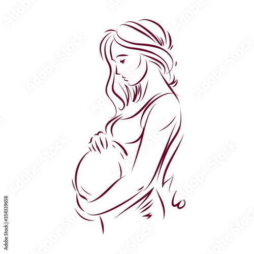 Pregnant female body shape hand drawn vector illustration, beautiful lady gently touching her belly. Love and tenderness concept.