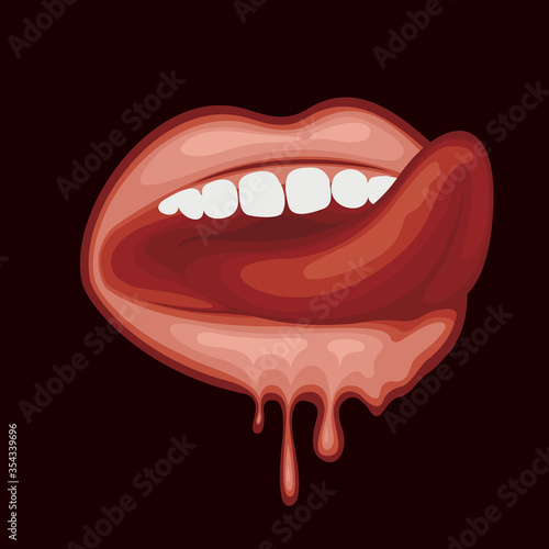 Vector banner with sexy female mouth that drips drops on a black background. Sensuous open mouth, tongue licking her lips. Wet lips, tongue, and teeth of young girl or woman. T-shirt or tattoo design