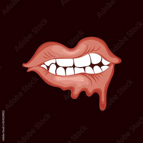 Vector banner with a human mouth that drips drops on a black background. Decorative illustration with a mouth and beautiful white teeth. Wet, red lips of a woman or man. T-shirt or tattoo design