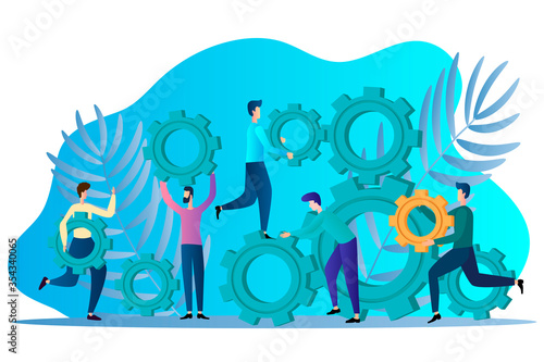Business promotion.People from gears assemble mechanisms.The concept of teamwork and business investment.Flat vector illustration.