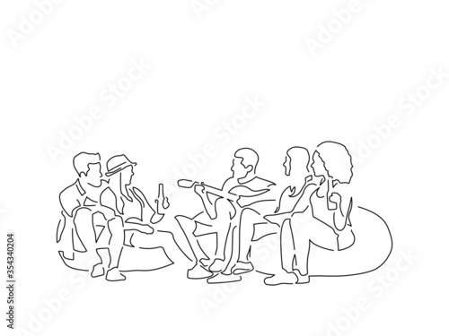 Group of friends having fun line drawing, vector illustration design.