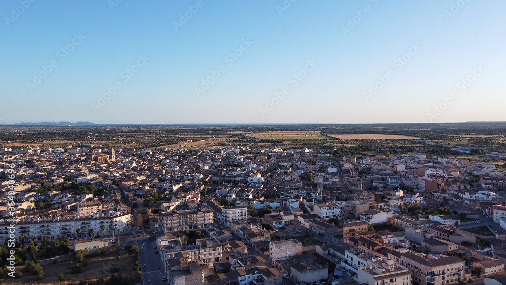 Aerial view of the village of Campos at sunset on a sunny day