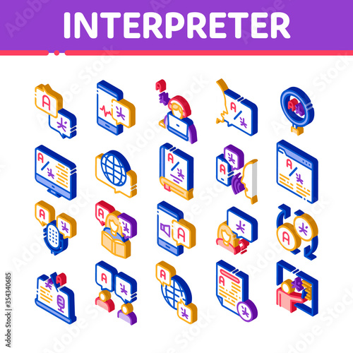 Interpreter Translator Icons Set Vector. Isometric Interpreter In Smartphone And Web Site, Laptop And Microphone, Language Linguist Illustrations