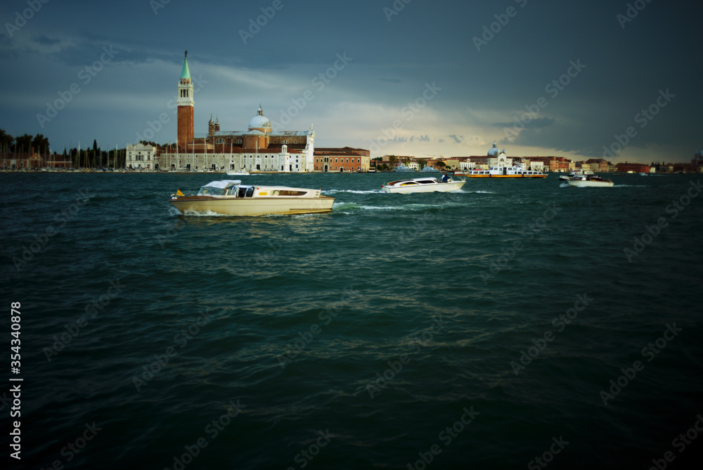 View of Campanile of St. Mark's Cathedral from the Grand Canal, Venice, Italy. Campanile of St. Mark's Cathedral in Venice.