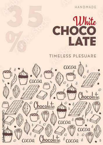 Chocolate poster with hand draw doodle background. Simple sketches of different kinds of cocoa and chocolate production. © leo_d