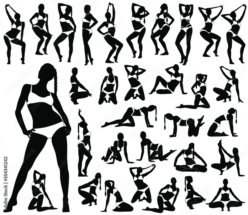Big set of vector silhouettes of sexy pinup girls in bikini. Icons of beautiful  woman with long tress in sitting, standing and dancing poses. Beauty and fashion models isolated on white background.
