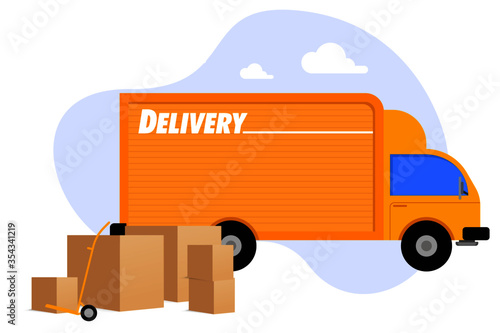 Online delivery service concept, online order tracking, delivery home and office. Warehouse, truck, drone, scooter and bicycle courier, Vector illustration