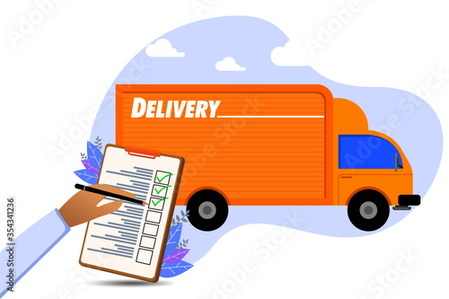 Online delivery service concept, online order tracking, delivery home and office. Warehouse, truck, drone, scooter and bicycle courier, Vector illustration