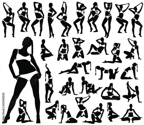 Big set of vector silhouettes of sexy pinup girls in bikini. Icons of beautiful  woman with long tress in sitting, standing and dancing poses. Beauty and fashion models isolated on white background.