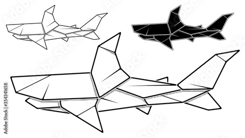 Vector monochrome image of paper shark origami (contour drawing by line).
