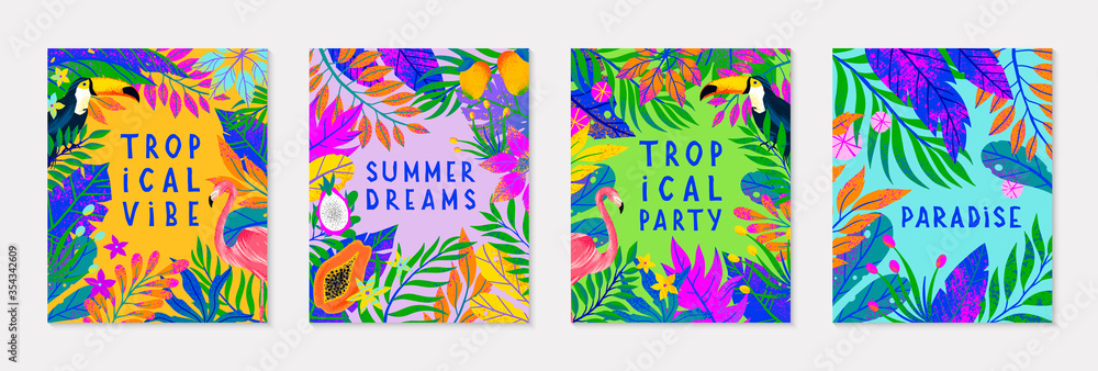 Set of summer vector illustration with bright tropical leaves,flamingo,toucan and exotic fruits.Multicolor plants.Exotic backgrounds perfect for prints,flyers,banners,invitations,social media.