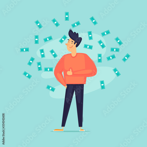 Successful businessman, a man around a lot of money. Self-confident. Flat design vector illustration.