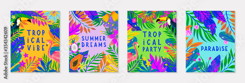 Set of summer vector illustration with bright tropical leaves,flamingo,toucan and exotic fruits.Multicolor plants.Exotic backgrounds perfect for prints,flyers,banners,invitations,social media.