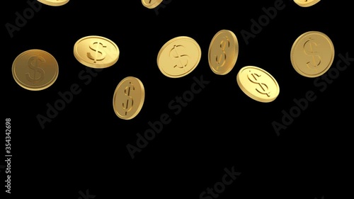 3D animation seamless loop of a lot of falling gold coins with a dollar sign isolation on a black background. Alpha channel. 4K resolution.
