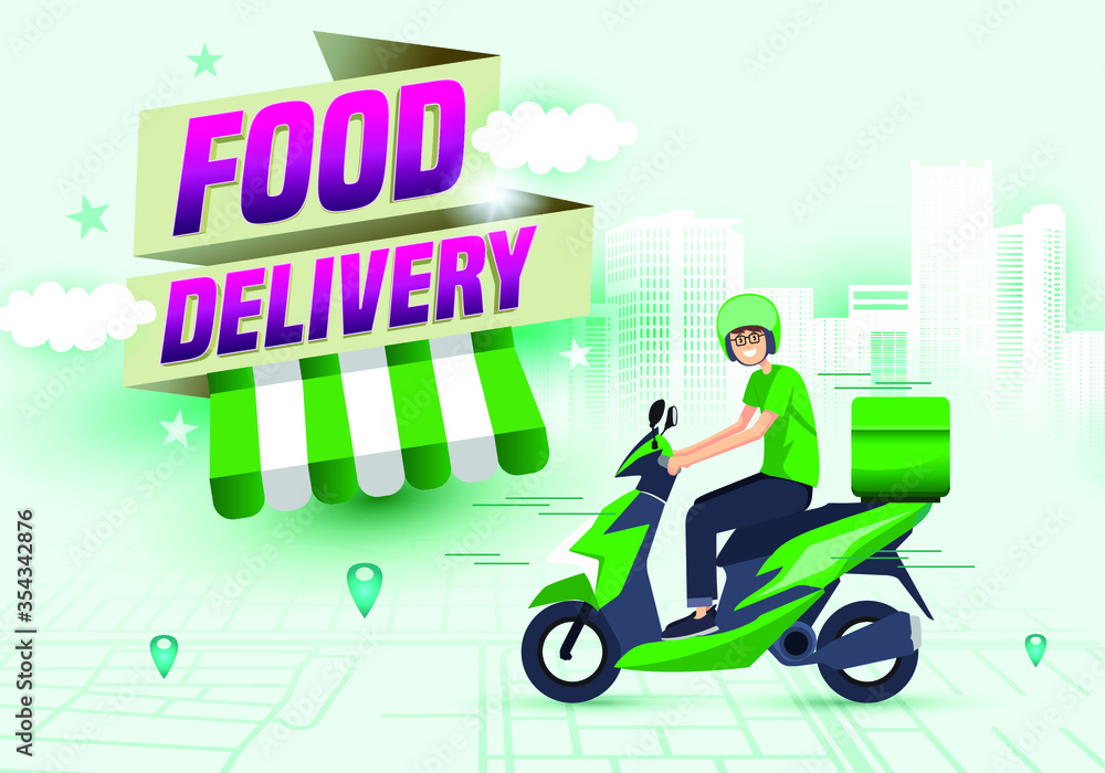 scooter, app, background, banner, banner web, bike, business, carry, cartoon, city, concept, courier, delivery food, delivery service, design, despatch, direction, express, fast, food delivery, grab, 