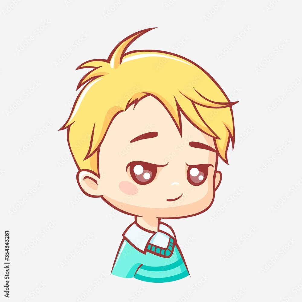 Little boy cartoon. Kawaii cunningly smiling cute boy with yellow haircut in green sweater plotting plan funny vector anime graphic design of little trick.