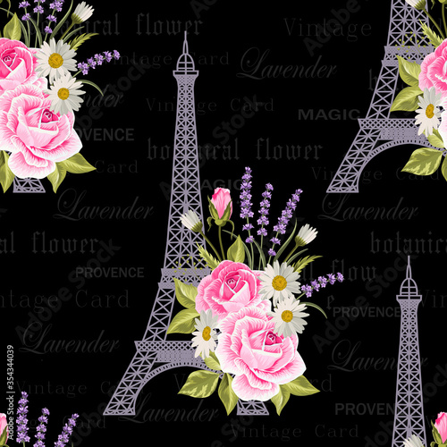 Seamless floral pattern with Eiffel towers on vintage postcard background. Vector illustration