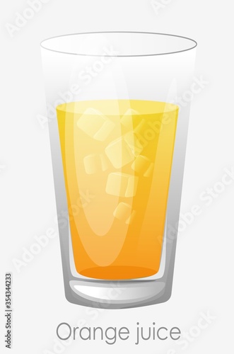 Orange juice ice glass. Yellow citrus juice ice cubes transparent highball glass fresh orange vector fruit natural drink refreshing for whole day.