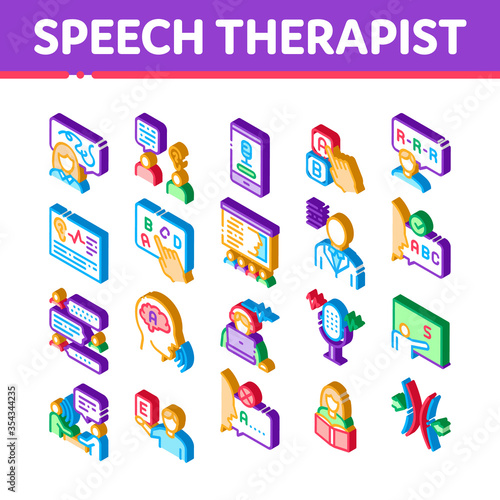 Speech Therapist Help Icons Set Vector. Isometric Speech Therapist Therapy, Alphabet And Blackboard, Phone And Microphone Illustrations