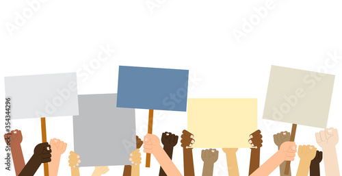 Hands crown people holding protest posters isolated on white background - Vector illustration