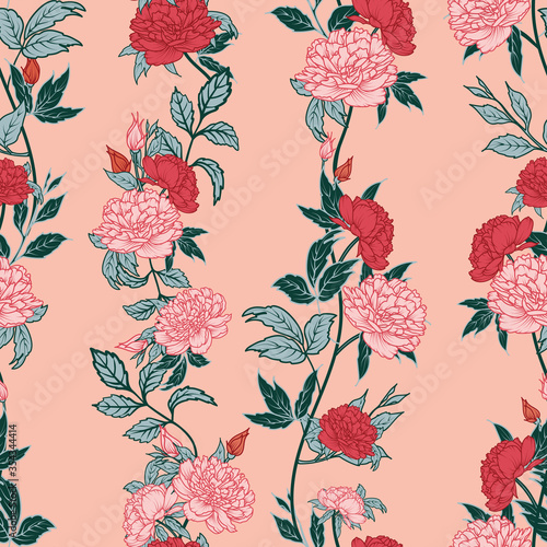 pink red peony flower leaf stem blush background design